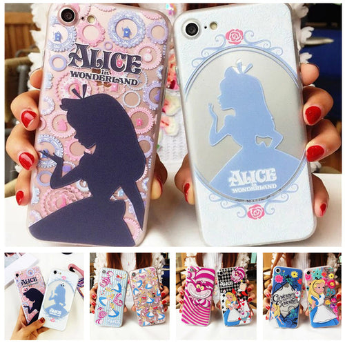 Cartoon Alice Phone Cases for iPhone 7 7 Plus 6S 6 Alice in Wonderland High Quality Embossed Reliefs Princess Cover Coque Fundas